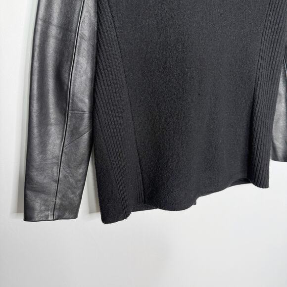 Vince Womens XSmall XS Black Leather Sleeve Asymmetrical Boucle Wool Jacket - Picture 8 of 12